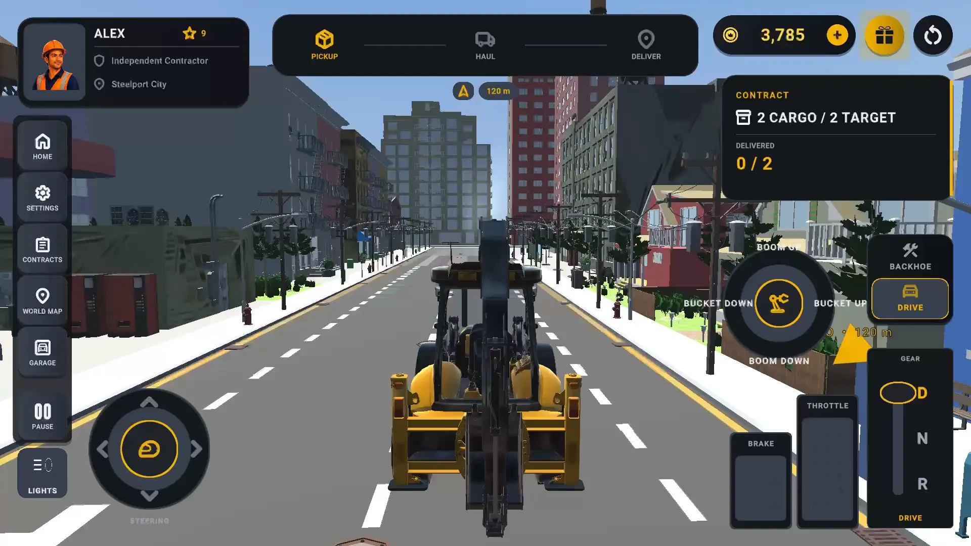 Excavator Simulator 2025 — backhoe on a Steelport City street
